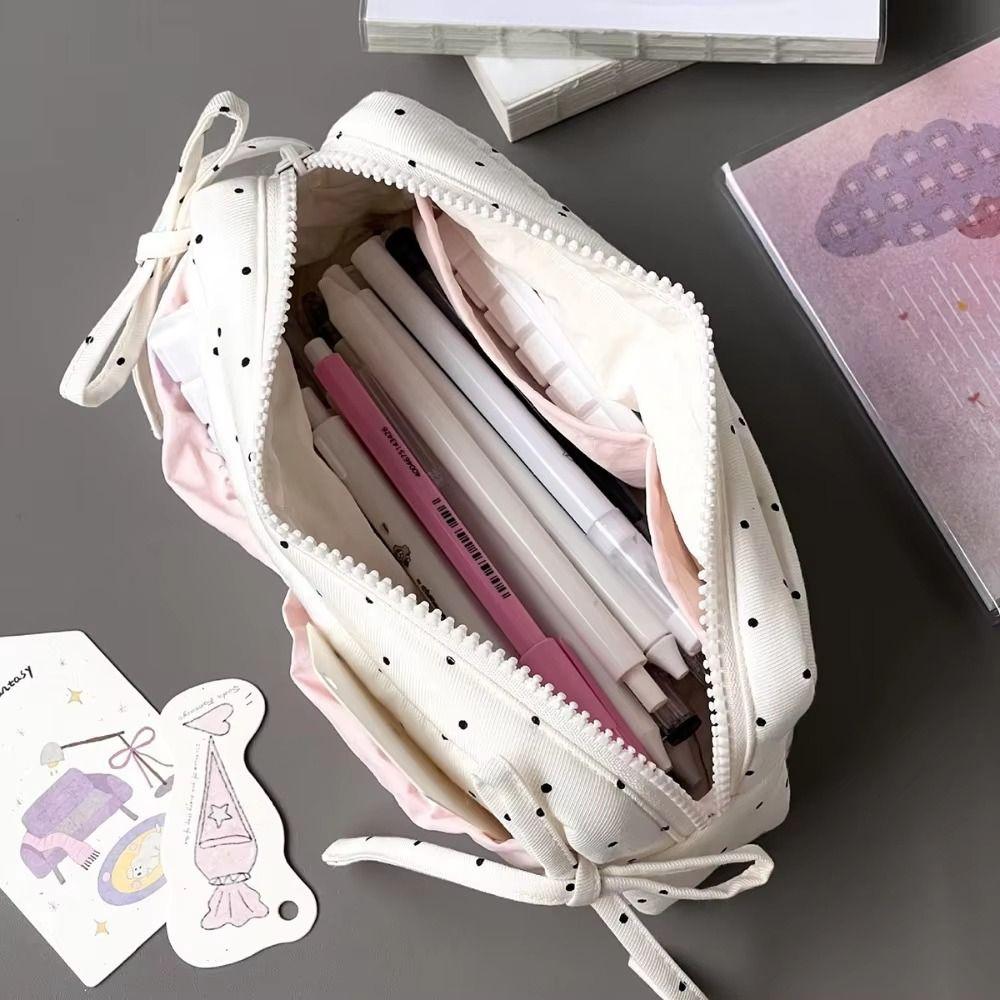 White With Pink Student Pencil Box Simple and Niche Bow Pencil Case Makeup Storage Bags