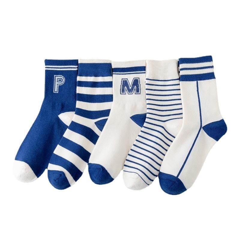 Female Spring and Autumn Tide Letter Blue Coarse Grain Long Tube Cotton Socks