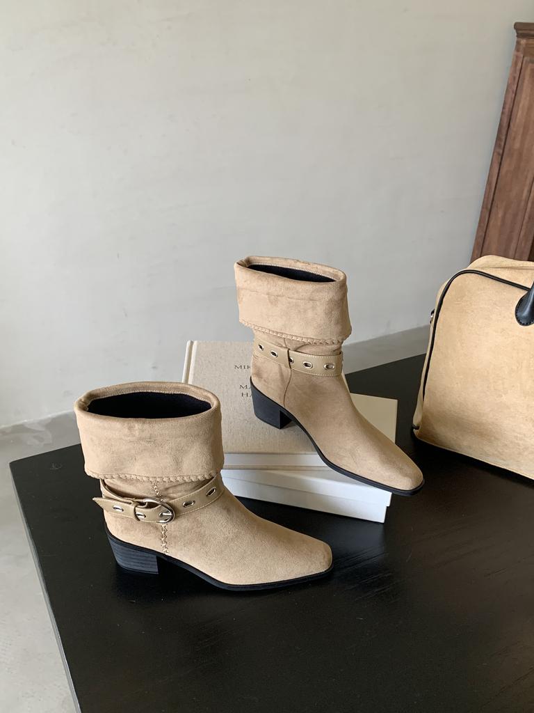 Wide tube stack boots pointed western cowboy boots 2025 autumn and winter new boots women's thick heel belt buckle medium boots