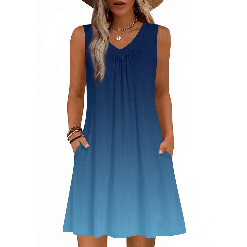 Dámské módní letní tílko bez rukávů s V-výstřihem, s kapsou, ležérní volné šaty