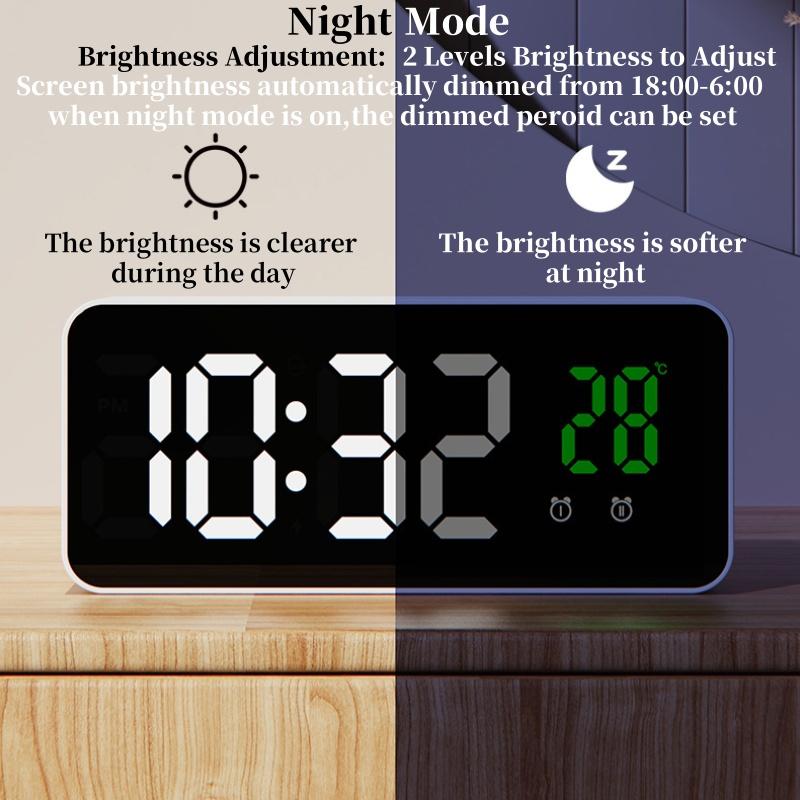 Mirror Digital Alarm Clock TEMP Date 3 Alarms Snooze Night Mode Table Clock 12/24H USB Output Charging Port LED Digital Clock