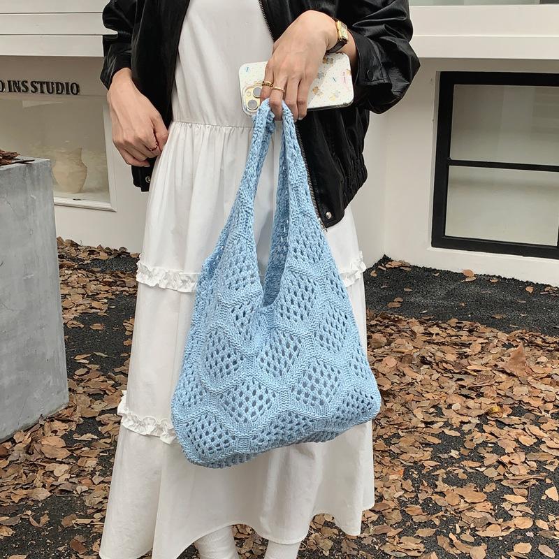 Polyester Knit Shoulder Bag for Women Diamond Hollow Out Woven Tote Purse Soft Handbag Casual Daily Commute Bag KTB