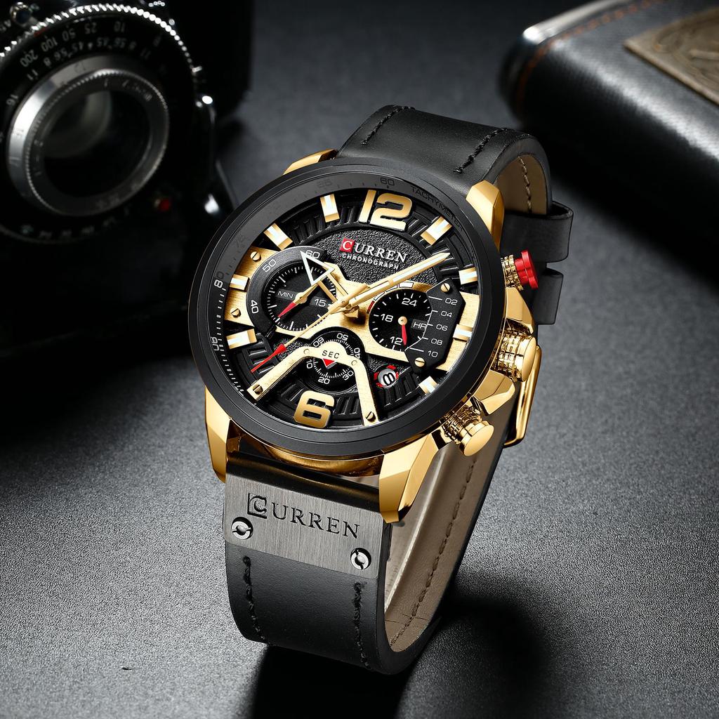 CURREN Modische Herrenuhr Luxusmarke Herren Multifunktions-Sportuhr Lederarmband Wasserdichte Quarz-Uhr Geschenk für Männer