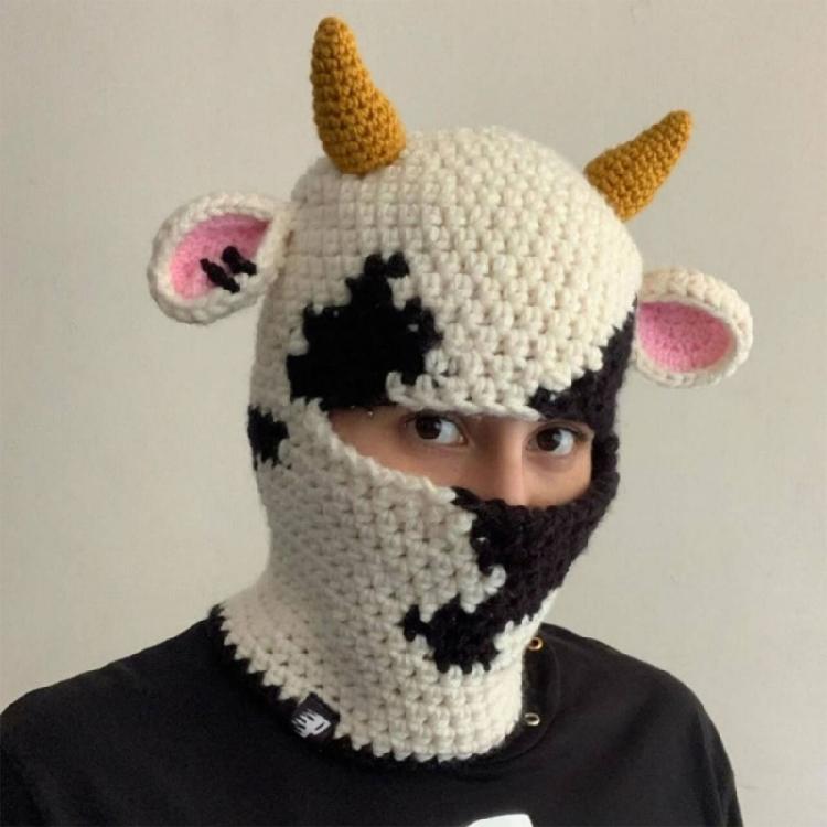 Knit Balaclava Cap Adult Prank Beanie Hat Cow Headcover Halloween Facecover Hat