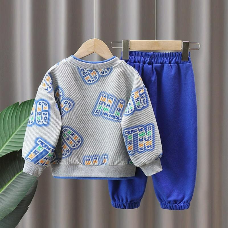 Spring and Autumn Boys' Suits, Big Children's Long-sleeved Fake Two-piece Sweaters, Casual Pants, Sportswear, Two-piece Autumn and Winter Suits