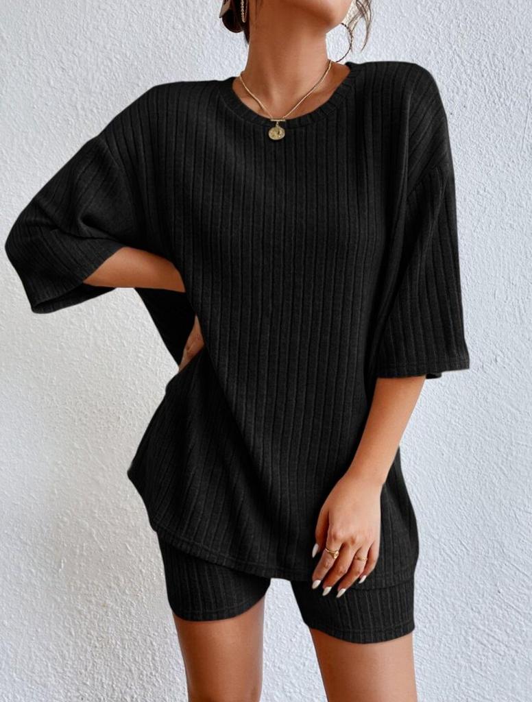 Fashionable Knitted Loose Casual Round Neck Summer Shorts Top Set Women'S Clothing Comfortable Breathable Solid Color Shorts Set