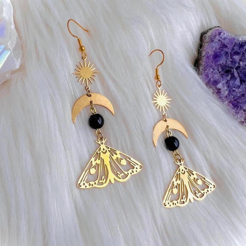 Golden Moth Moon Pendant Earrings with Black Jade & Crystal Butterfly Design