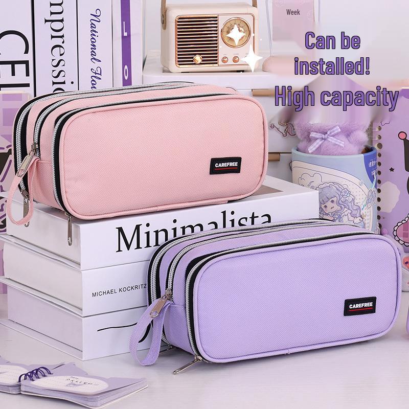 Large Capacity Three-Layer Pencil Case with Color Blocking - Multi-functional Stationery Box for Students
