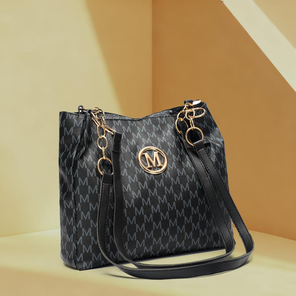 Women's PU Vintage Character 'M' Print Handbag & Crossbody Bag with M Hardware - Large Capacity Tote, Zipper Closure, Machine Washable Retro Purse