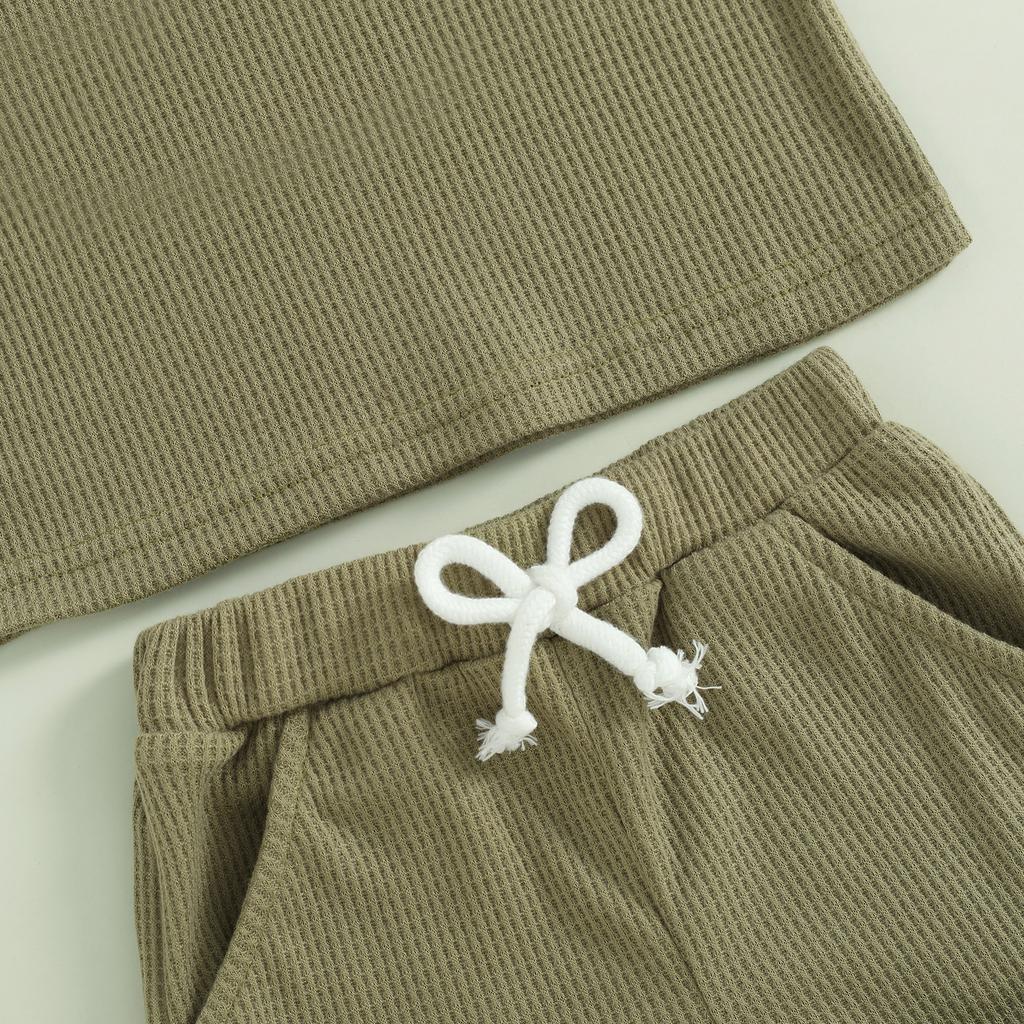 Baby Boy 2 Piece Waffle Outfits, Round Neck Short Sleeve Letter Embroidery Tops + Elastic Waist Shorts Toddler Mother's Boy Set
