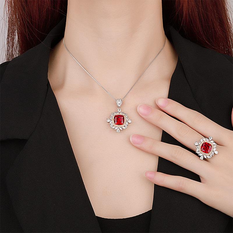 Jewelry Copper Bottom Gold-Plated Jewelry Set Simulation Color Red Corundum Treasure Retro Fat Square Set Female 10 * 10