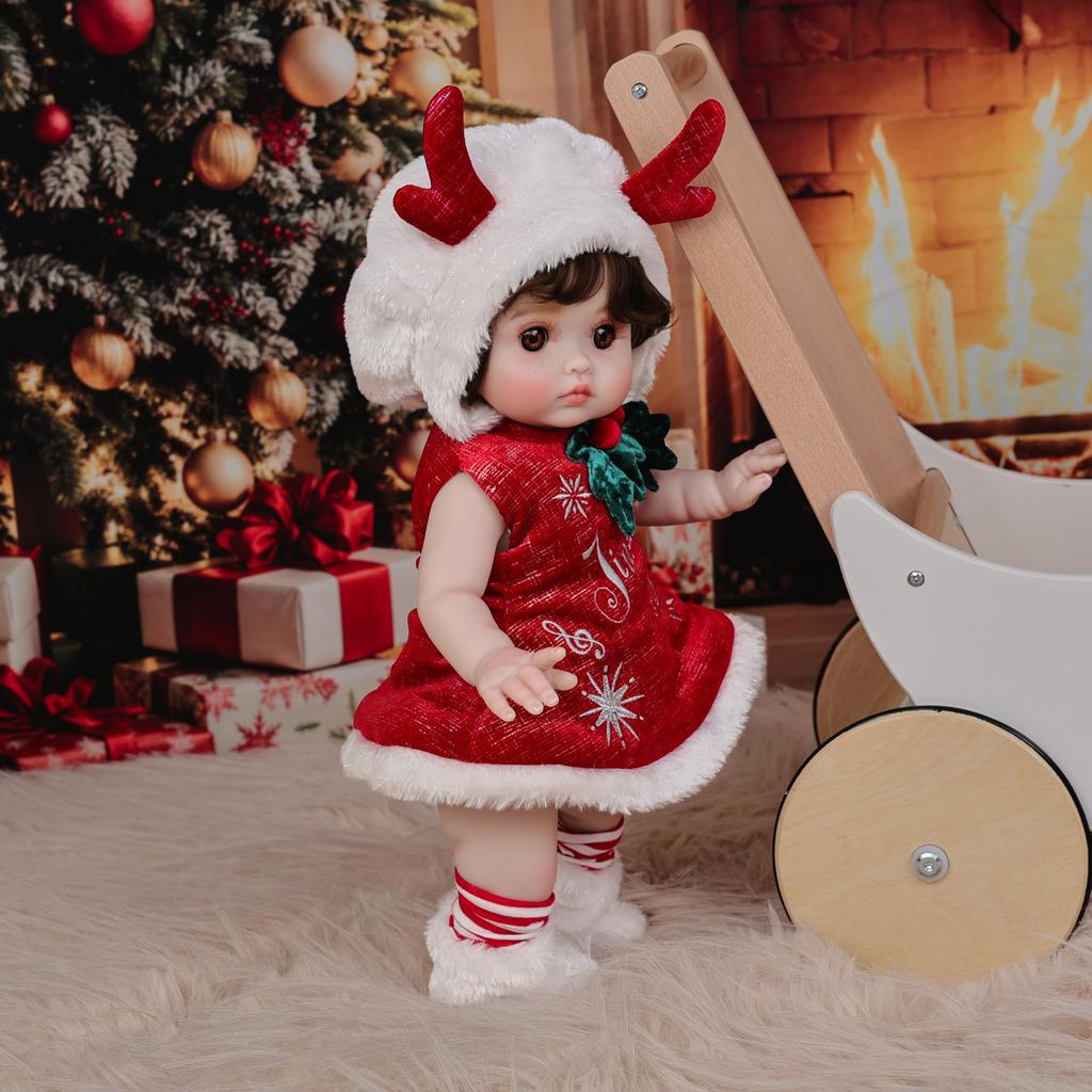 Cloveray 18-Zoll Vinyl Weihnachten Reborn Puppe, Rotes Hirschgeweih Outfit Baby Puppe, Handbemaltes Hochfarbiges Make-up, Perfekt für Sammlung & Geschenk, Auch