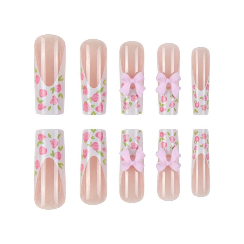 Long Water Drop Shape Pink Floral Press-On Nails With White French Tip Sweet Ins Style Fake Women
