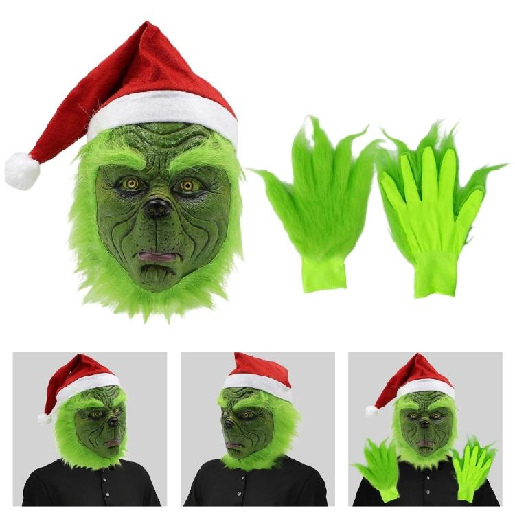 Mostri Verdi di Natale Costume di Babbo Natale Costume Cosplay di Halloween Maschera Integrale in Lattice Maschera Mostri Verdi Guanti