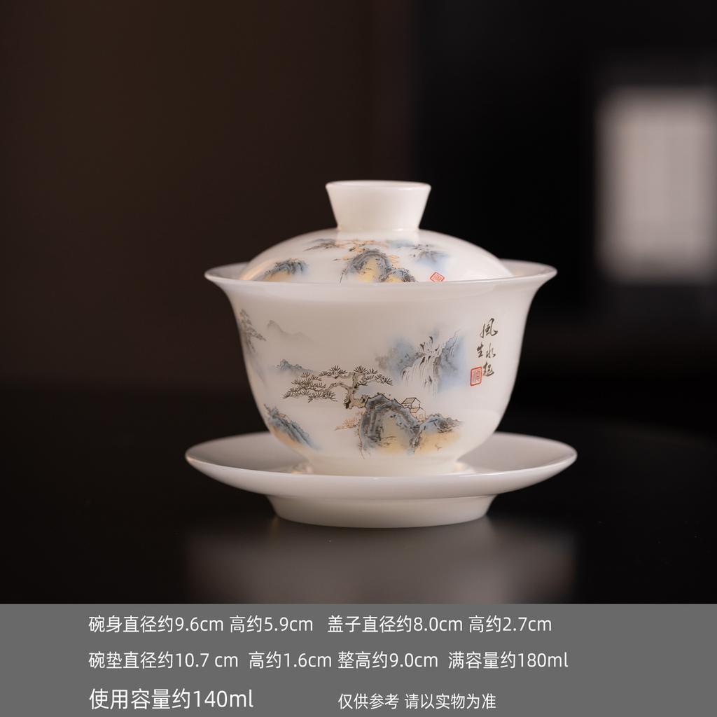 Ice seed jade porcelain hovering Sancai cover bowl Dehua white porcelain Kung Fu tea set household tea brewer gift hand-painted household
