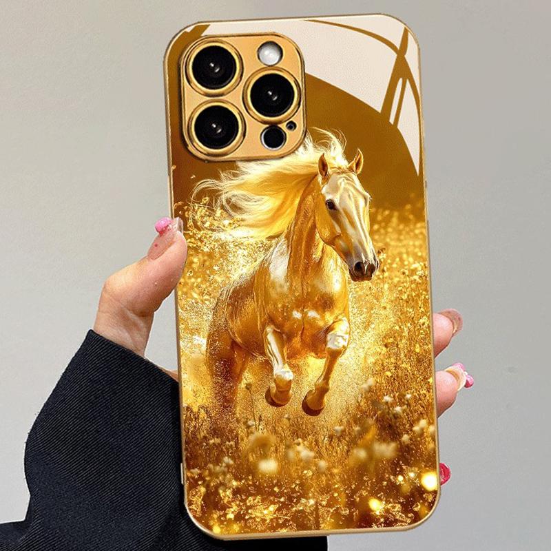 Wzór Galopującego Konia Złoty Metaliczny Lakier Szklane Etui na Telefon Dla iPhone 11 12 13 14 15 16 17 Pro Max Plus 17Air 16E Pokrowiec