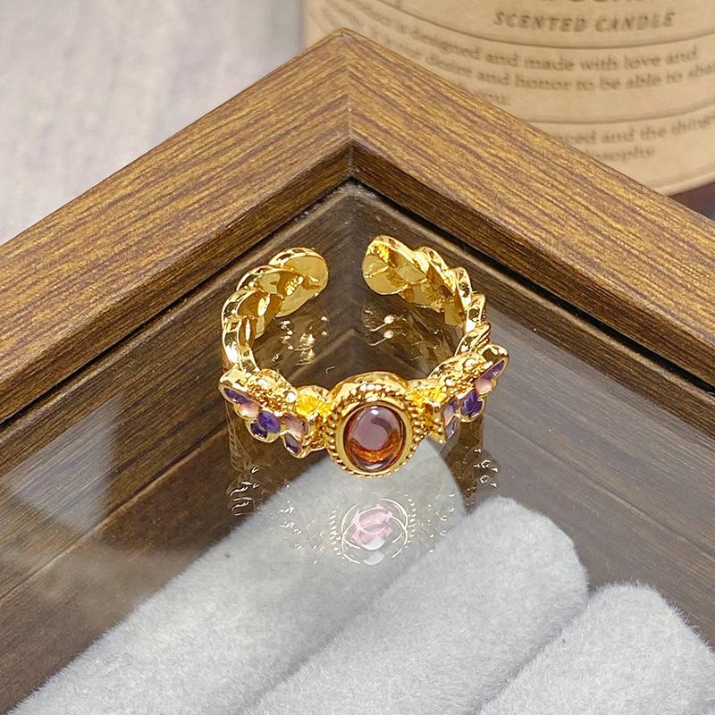Medieval Vintage Colored Enamel Flower Butterfly Opening Ring Female Retro Niche High-End Light Luxury Ring