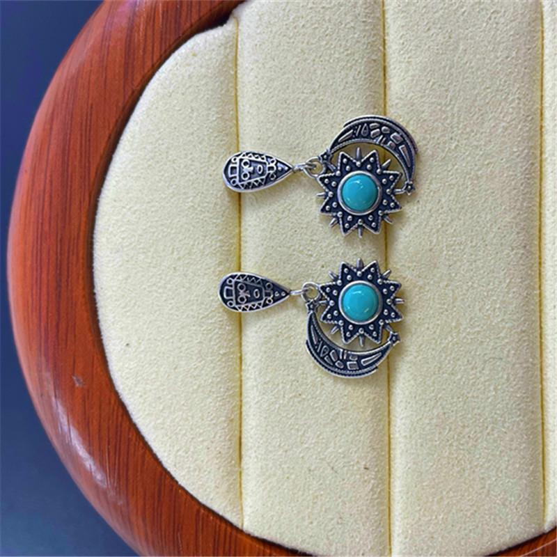 S925 Sterling Silver Retro Sun & Moon Turquoise Earrings - Unisex