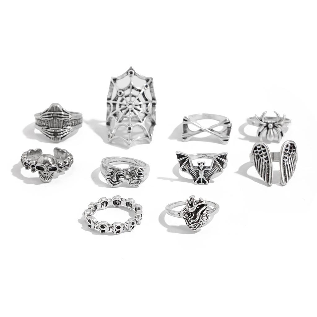 Punk Style Spider Web Ring Men's High-end Fashion Personality Skull Ring Set Dark Ring