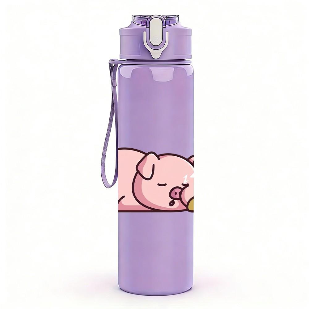 1PC Sleepy Pink Pig Cute Cartoon Print 750ml Color Plastic Sports Water Bottle Leakproof Flip Straw Lid Suitable for Sports Office Home Use