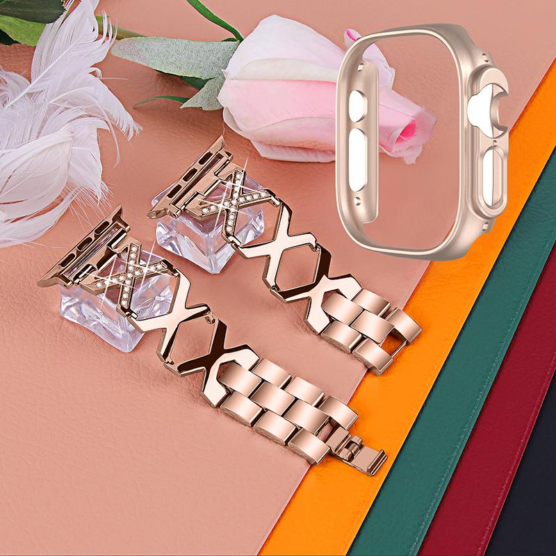 For Apple Watch Ultra 49mm Rhinestone Decor Bling Watch Band X-shaped Stainless Steel Strap with Rose Gold PC Hollow Watch Case