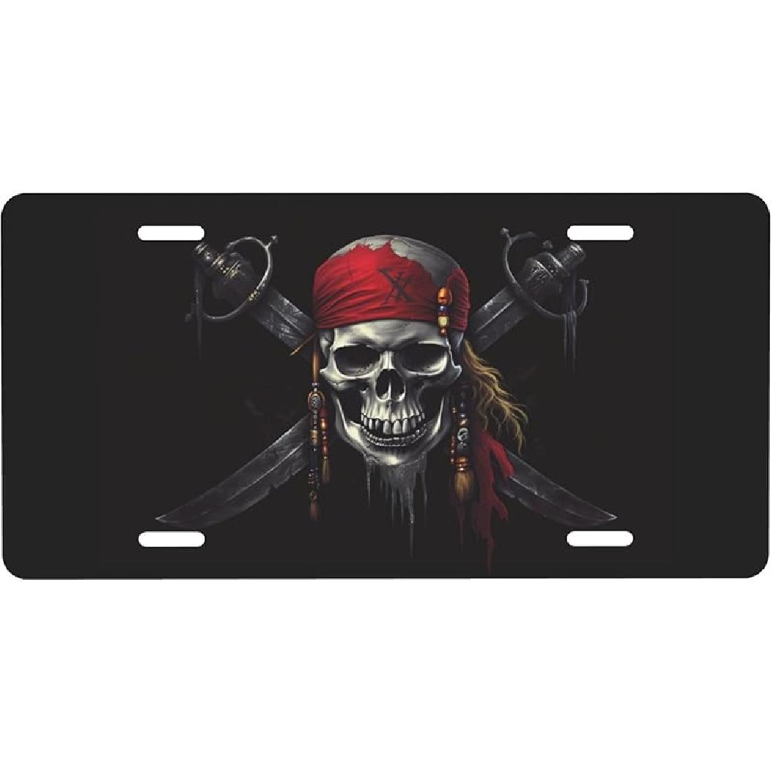 Pirates Skull Flag License Plate Decorative, Car Front License Plate Aluminum Novelty Metal Car Plate 6 X 12 Inch Pirates Skull Flag