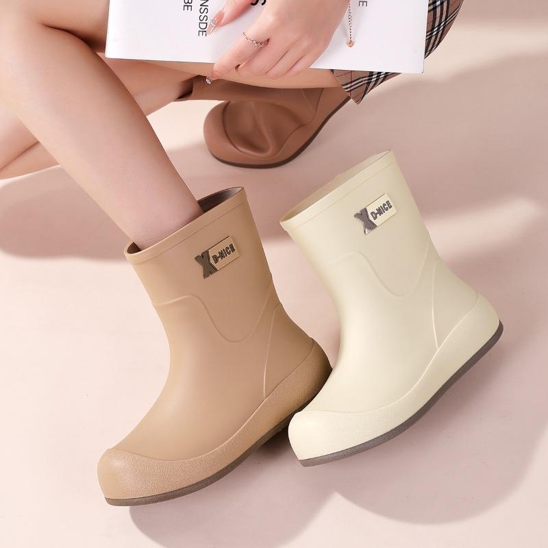 Simple Khaki Brown Waterproof Glue Shoelaces, Convenient Waterproof Shoes, Rain Shoes, Urban Rain Boots, Commuting Non-slip Women's Water Boots