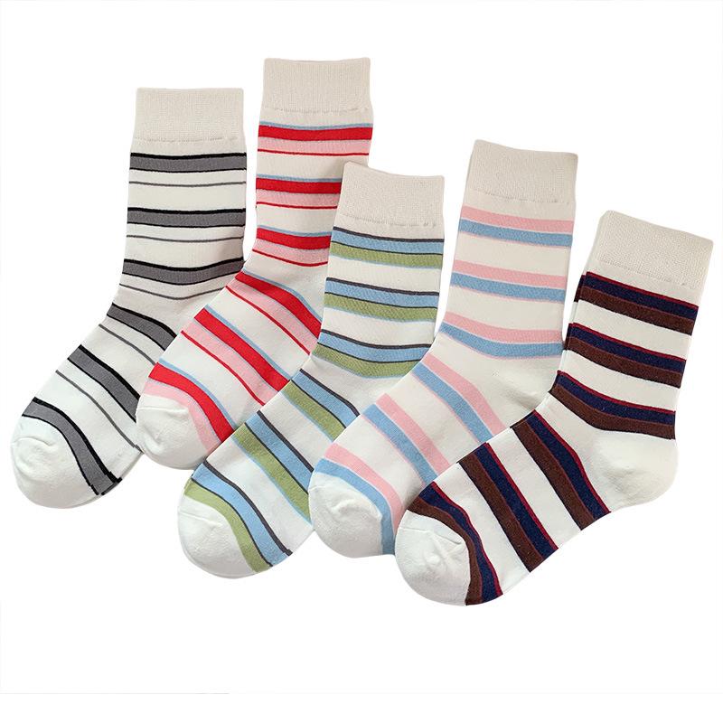 25 New Autumn/Winter Japanese Anti-Pilling Striped Cotton Mid-Calf Socks - Trendy College Style Colorblock for Women.