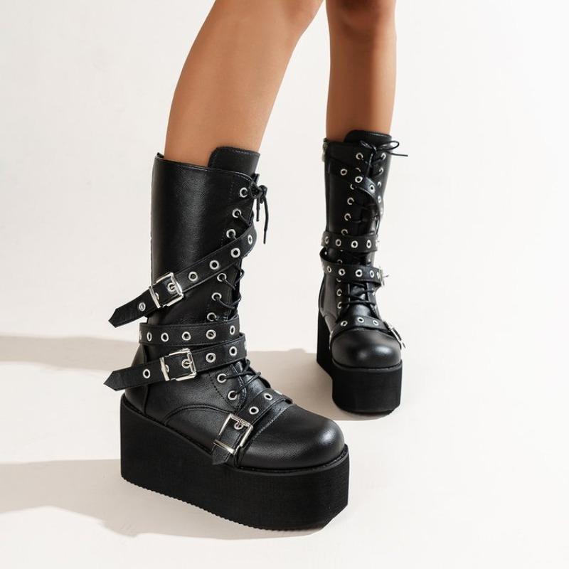 Large Size Medium Tube Locomotive Lace-up Women's Boots Autumn and Winter New Thick-soled Heightening J Wind Tooling Boots Women