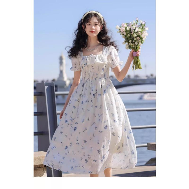 Orchid Dress Square Neck Small Fresh Floral Dress Mori 2026 Printed Bubble Sleeve First Love Fairy Short Sleeve Dress Summe