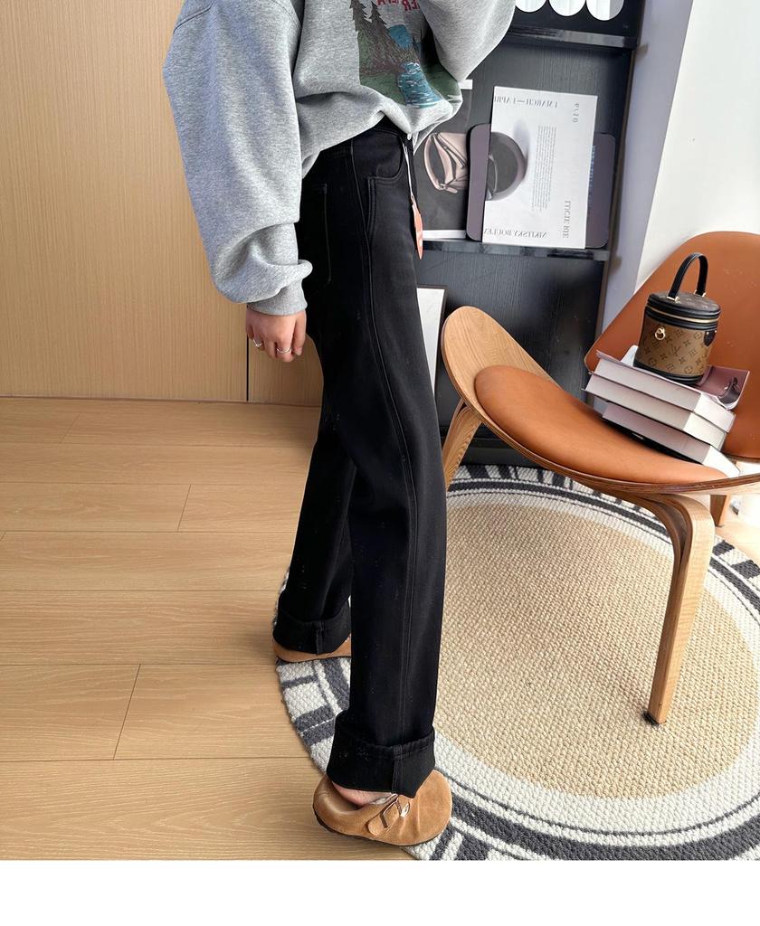 S35 Women's High-Waisted Slimming Wide-Leg Fleece Denim Pants - Black-Gray.