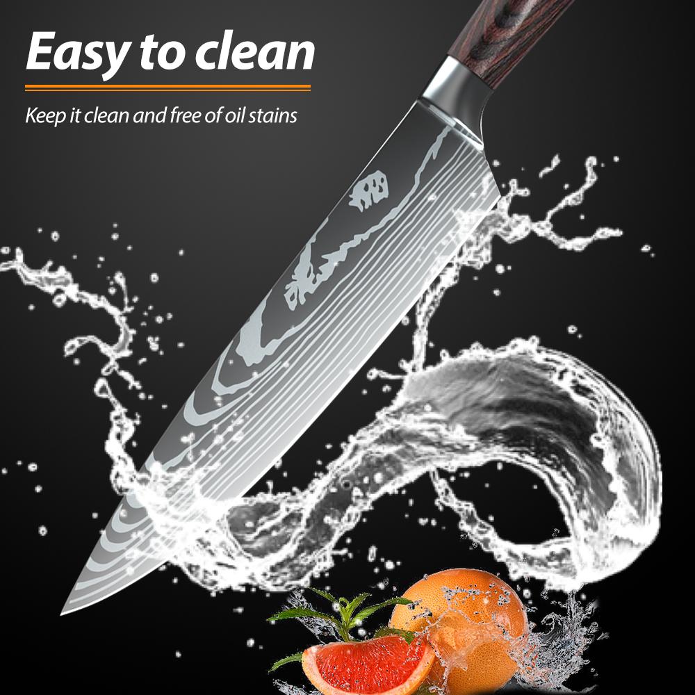 7CR17 8PCS Kitchen Knives Set Stainless Steel Sharp Chef Slicing Meat Cleaver Laser Damascus Pattern Chef Knife Sharp Knives Too