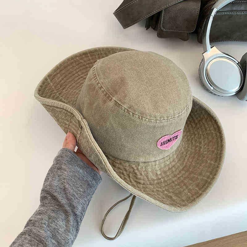 2025 Sweet Pink Love Bucket CapsJapanese Retro Washed Cowboy Hats for Women Spring and Summer Outdoor Camping Sun Protection