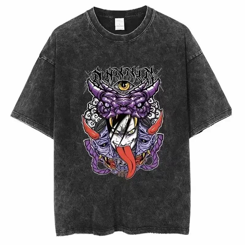 Baumwolle Herren Vintage Japan Anime Print Oversize T-Shirt Streetwear Harajuku Sommer Schwarz Kurzarmhemd Locker Baumwolle Oberteile T-Shirts