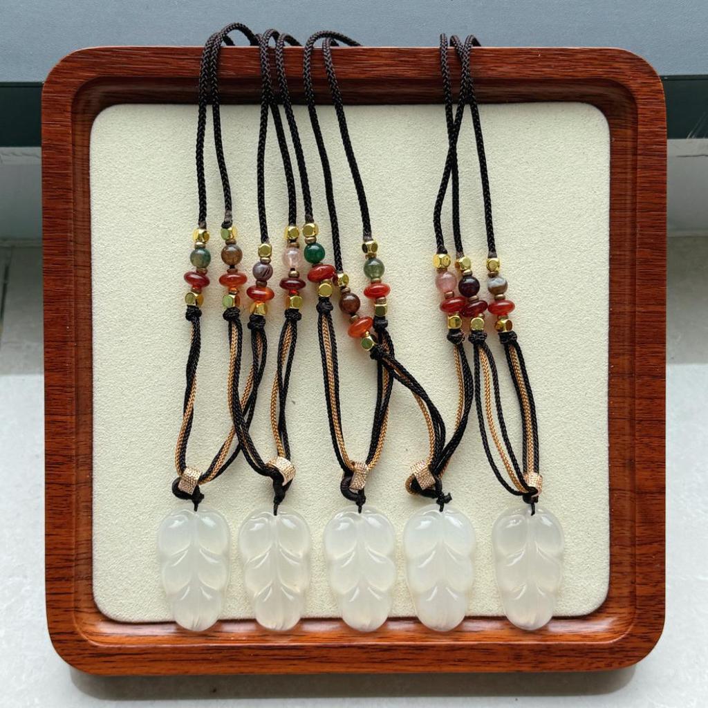 Natural White Chalcedony & Hetian Jade Leaf Pendant Necklace with Adjustable Rope