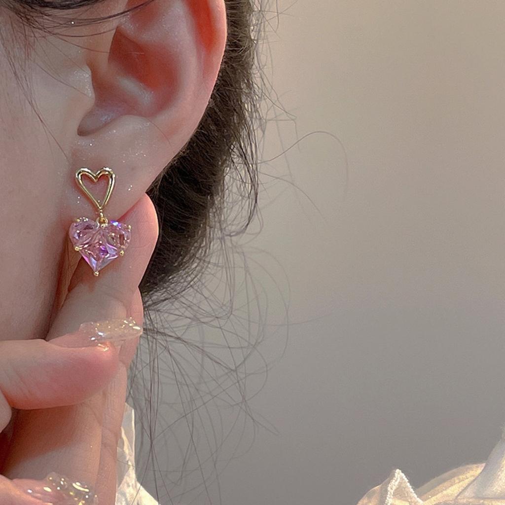 Conjunto de 3 Pares de Brincos e Colares com Pingentes de Coração Zircônia Cristal Rosa Tendência Y2k para Mulheres Coração Elegante Exquisito Joia de Festa