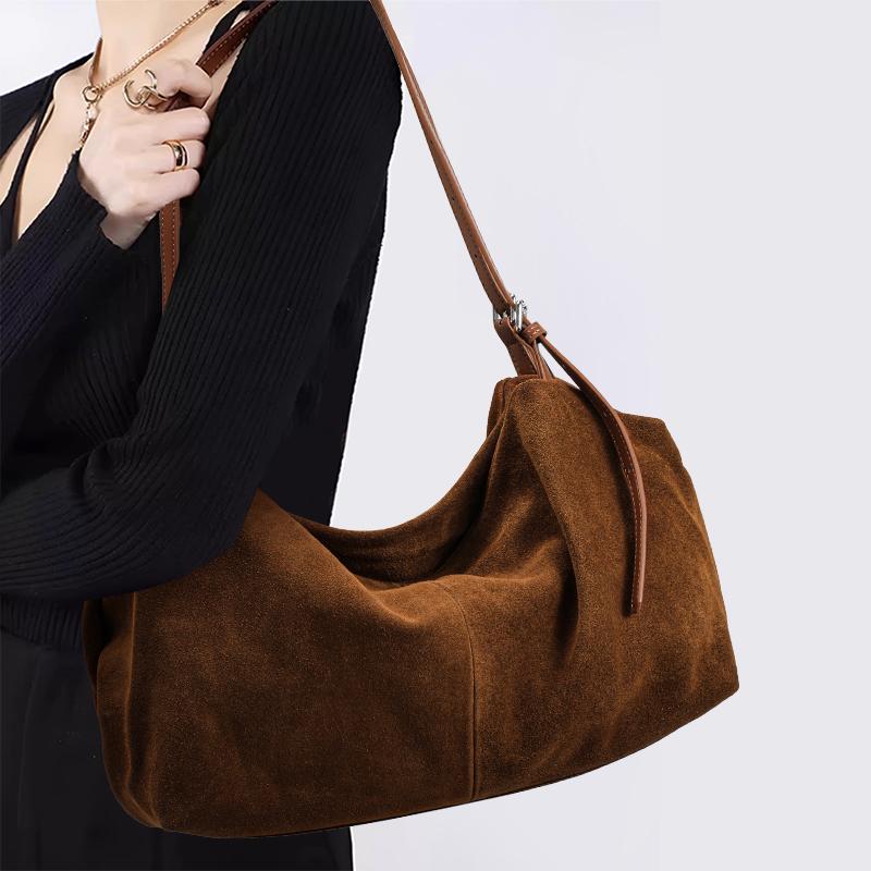 Genuine cowhide leather women's single-shoulder suede large-capacity retro pillow bag handbag