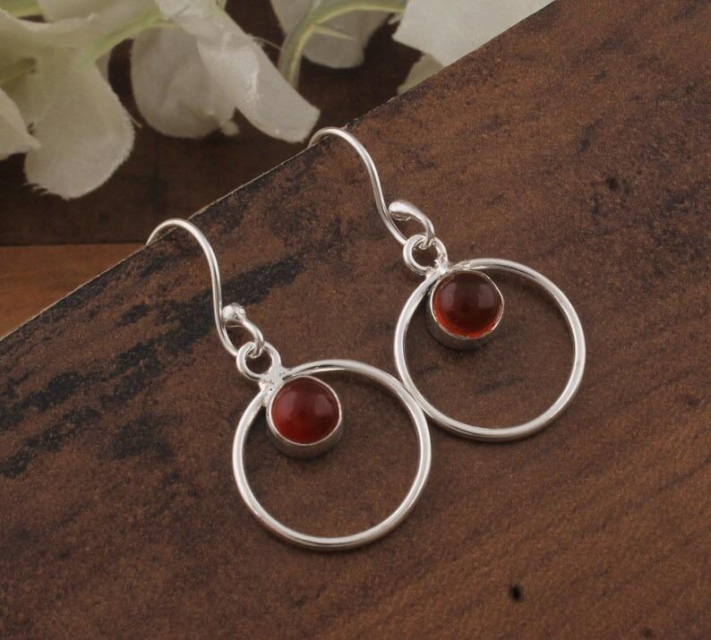 Solid 925 Sterling Silver Carnelian Gemstone Round Earrings, Handmade Earrings, Gift For Her Silver Jewelry
