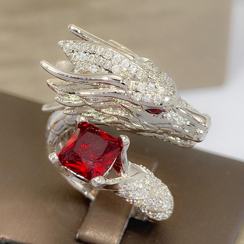 Heavy Industry Open Ring, Oriental Dragon Domineering Ring, Shiny Square Diamond Inlaid Jewelry