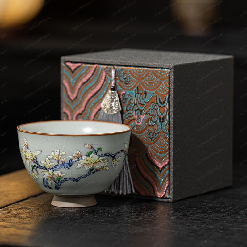 Home Use Ru Kiln Tea Cup, Large Ceramic Master Cup, Landscape Crack Glaze Cultivable with Gift Box