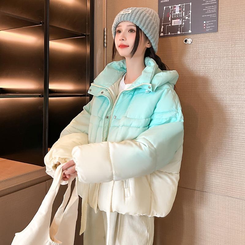 Pink gradual change hooded down cotton clothes women's winter new short small design sense dopamine jacket