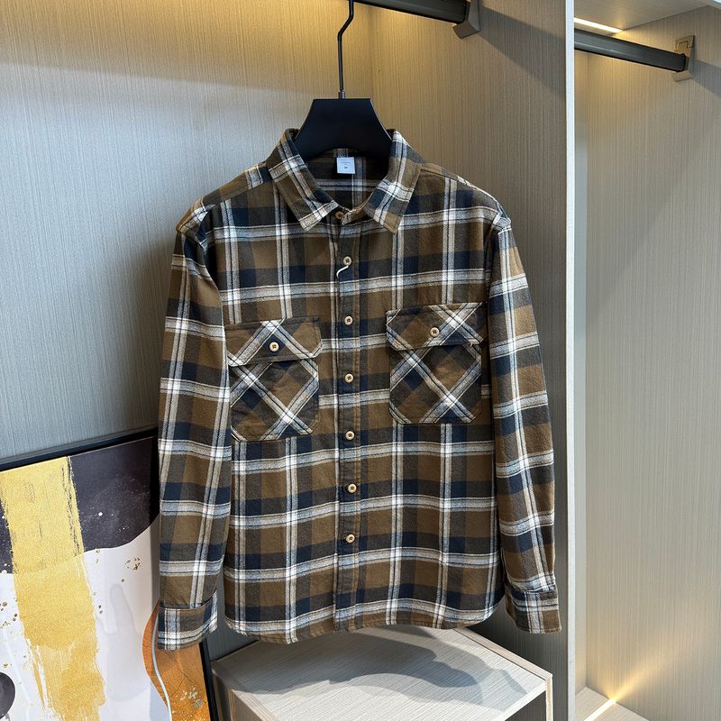 Spring and Autumn American Retro Plaid Thick Shirt, Heavy-Duty Pure Cotton Distressed Pocket Workwear Brushed Long-Sleeve Shirt for Men