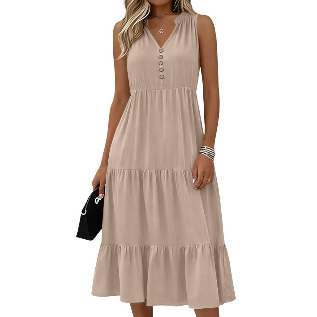 Sleeveless Women's Dress Casual Flowy A-Line Midi Tshirt Dresses With Pockets Crewneck Vocation Boho Beach Sundress