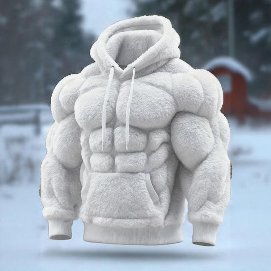 Men Muscle Hoodie Flannel Hooded Sweatshirt with Kangaroo Pocket Hunky Funny Pullover for Christmas Costume Street Wear Party