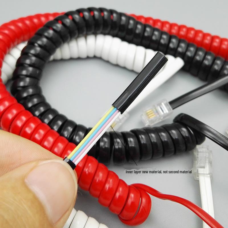 4-Core Fixed Landline Telephone Cord: RJ9 Spiral Spring Black Handset Wire