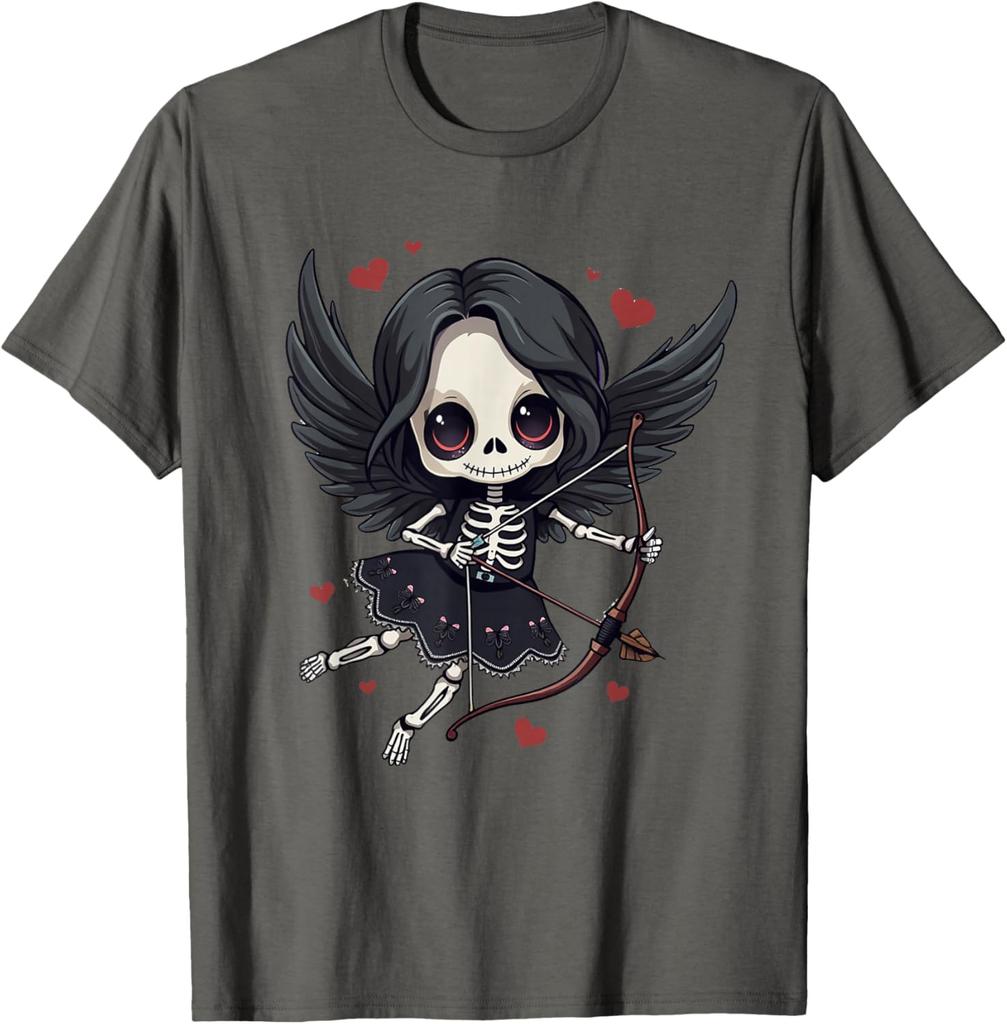 Gothic Skeleton Cupid Dark Valentine Kawaii Angel Graphic Tee Casual Cotton T-Shirt