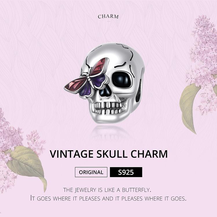 WOSTU 925 Sterling Silver Vintage Skull & Butterfly Charm Pendant Fit Original Bracelet Necklace For Women Jewelry