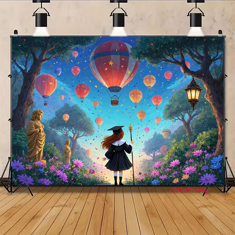 2D Magical Graduation Backdrop 2D Graduate Girl with Staff and Colorful Balloons Photo Background for Photography Decor