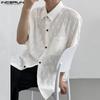 INCERUN Men Floral Short Sleeve See Through Tops Summer Lapel Neck Buttons Texture Shirts