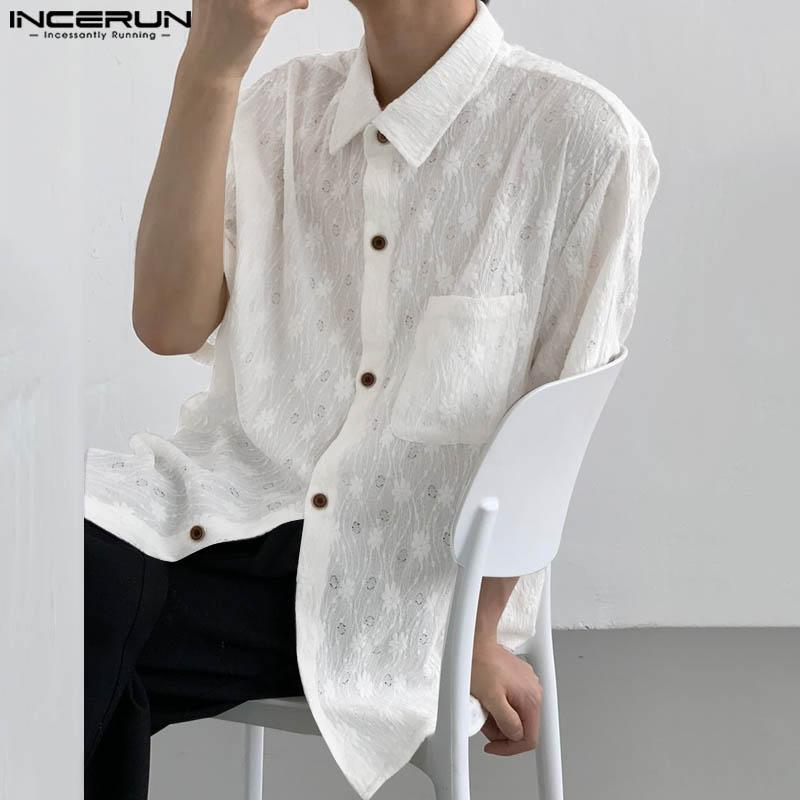 INCERUN Men Floral Short Sleeve See Through Tops Summer Lapel Neck Buttons Texture Shirts
